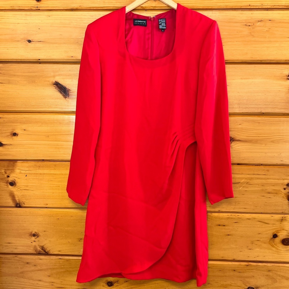 Liz Claiborne Red Square Neck Long Sleeve Faux Wrap Lined Midi Dress 14